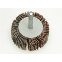 Brown Faithfull abrasive flap wheel with layered sanding flaps and a central metal shank.