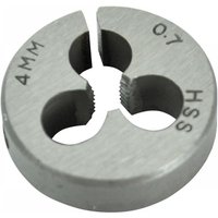 Silver Faithfull HSS split die, M4 x 0.7, 13/16 inch OD, with engraved size markings and straight flute design.