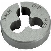 Silver Faithfull HSS split die, 5MM x 0.8, with straight flutes and 13/16 inch outer diameter.