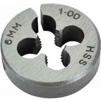 Silver Faithfull HSS split die with straight flute, marked 6MM and 1.00, circular shape with central threading holes.