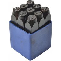 Blue box holding black metal number punches with hexagonal tops.