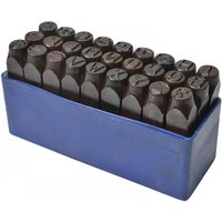 Blue box with 27 black metal letter punches, each with a 5mm character on top.