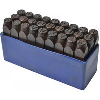 Black Faithfull letter punch set with 27 metal punches in a blue rectangular holder, each with engraved letters.