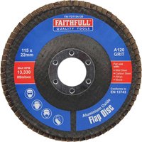 Blue Faithfull flap disc with brown abrasive flaps, 115x22mm, A120 grit, labeled for metal and steel use.