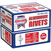 "Blue and white box of Faithfull Aluminium Pop Rivets, 13mm length, 3.2mm diameter, quantity 1000, red and blue branding"