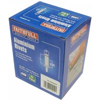 Blue box of Faithfull Aluminium Rivets, 4.8 x 11mm, medium bulk pack, 500 count, with product diagram.