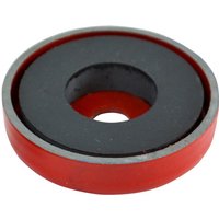 Shallow round magnet with red outer ring, black center, and central hole, 50.8mm diameter, 8mm thick, 10kg pull.