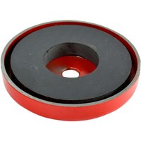 Red and black Faithfull shallow magnet, circular with central hole, 80.0 x 9.5mm, 25.0kg power capacity.