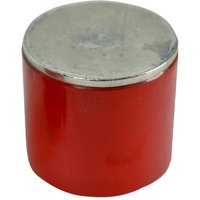 Red Faithfull deep pot magnet, cylindrical shape, silver top, 35mm diameter, 30mm height, 10.5kg pull strength.