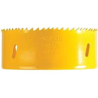 Yellow Faithfull bi-metal cobalt holesaw, 105mm diameter, with sharp teeth and ventilation slots.
