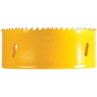 Yellow Faithfull Bi-Metal Cobalt Holesaw 111mm with sharp teeth and smooth cylindrical body.