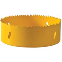 Yellow Faithfull Bi-Metal Cobalt Holesaw 121mm with sharp teeth and side slots for efficient cutting.