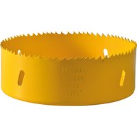 Yellow Faithfull bi-metal cobalt holesaw, 127mm diameter, with sharp teeth and side slots for easy attachment.