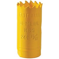 Yellow Faithfull bi-metal cobalt holesaw, 24mm diameter, with jagged cutting edge and embossed text.