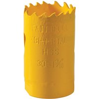 Yellow Faithfull Bi-Metal Cobalt Holesaw, 30mm diameter, with jagged cutting edge and embossed measurements.