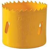 Yellow Faithfull bi-metal cobalt holesaw, 54mm diameter, with jagged cutting edge and side slots.