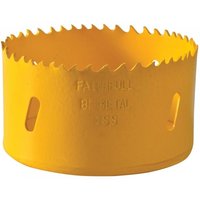 Yellow Faithfull bi-metal cobalt holesaw, 92mm diameter, with jagged teeth and side slots for easy attachment.