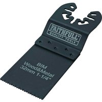 Black Faithfull BiM oscillating multi-tool flush cut blade with toothed edge and "Wood&Metal 32mm 1-1/4" text.