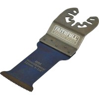 Faithfull BiM OIS oscillating tool blade with curved edge, metal teeth, and branded logo on silver and blue surface.