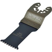 Faithfull BiM oscillating tool blade with arc cut, black with silver branding, toothed edge for hardwood cutting.