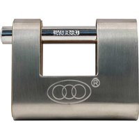 Brass Faithfull shutter padlock with rectangular body and chrome-plated shackle.