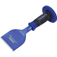 Blue Faithfull brick bolster chisel with black grip handle and wide flat blade.
