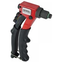 Red and black Faithfull heavy-duty riveter with ergonomic grip and multiple nozzle attachments.