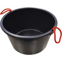 Black Faithfull Builders Bucket with red rope handles and tapered sides.