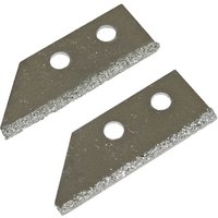 Faithfull carbide tile grout rake blades, silver with angled edges and two circular holes per blade.