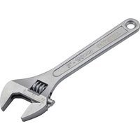 Chrome adjustable spanner with engraved measurements and hole in handle for hanging.