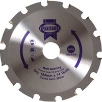 Circular saw blade for wood with nails, silver with 14 teeth, Faithfull logo, and purple text detailing specifications.