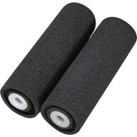 Black concave foam mini roller refills with white plastic cores, cylindrical shape, by Faithfull.