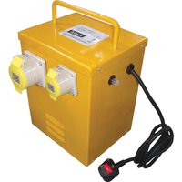 Yellow Faithfull site transformer with two sockets, handle, and black power cord, converts 240v to 110v, 3Kva.