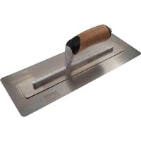 Faithfull plastering trowel with cork handle, flexible stainless steel blade, and ergonomic grip.