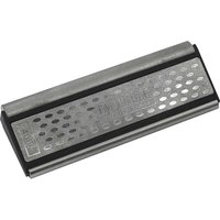 Curved diamond whetstone with silver perforated surface and black rubber edges.