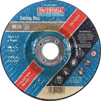 Round Faithfull metal cut-off disc with blue, red, and brown segments, central hole, and printed specifications.