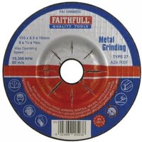 Faithfull metal grinding disc, 100x6.5x16mm, blue and red label, silver center, text detailing specs and brand.