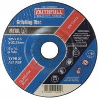 Faithfull metal grinding disc, 125x6.5x22.23mm, circular, black with red and blue label, text and safety icons.