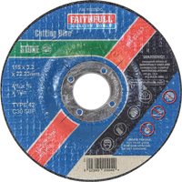 Round Faithfull stone cutting disc with red, blue, and green segments, central hole, and printed specifications.