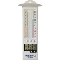 White Faithfull digital min-max thermometer with dual scales and LCD display showing temperatures.