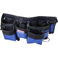 Black and blue Faithfull nylon tool belt with multiple pockets and metal ring for tools and nails.