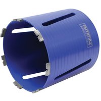 Blue Faithfull dry diamond core bit, 157 x 150mm, with silver cutting segments and side ventilation slots.