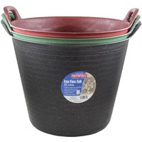 Set of three stackable Faithfull Eco Flex Tubs in black, green, and red with ergonomic handles and 42L capacity.