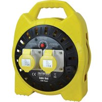 Yellow Faithfull Enclosed Cable Reel 110V with two sockets, black central panel, and carrying handle.