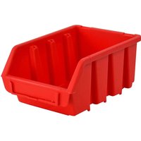 Red Faithfull Ergobox interlocking storage bin with open front and ribbed sides for stacking.