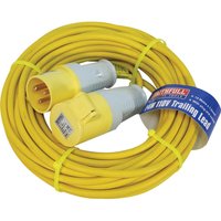 Yellow Faithfull extension trailing lead, 16 amp, 110v, coiled cable with gray and yellow connectors.
