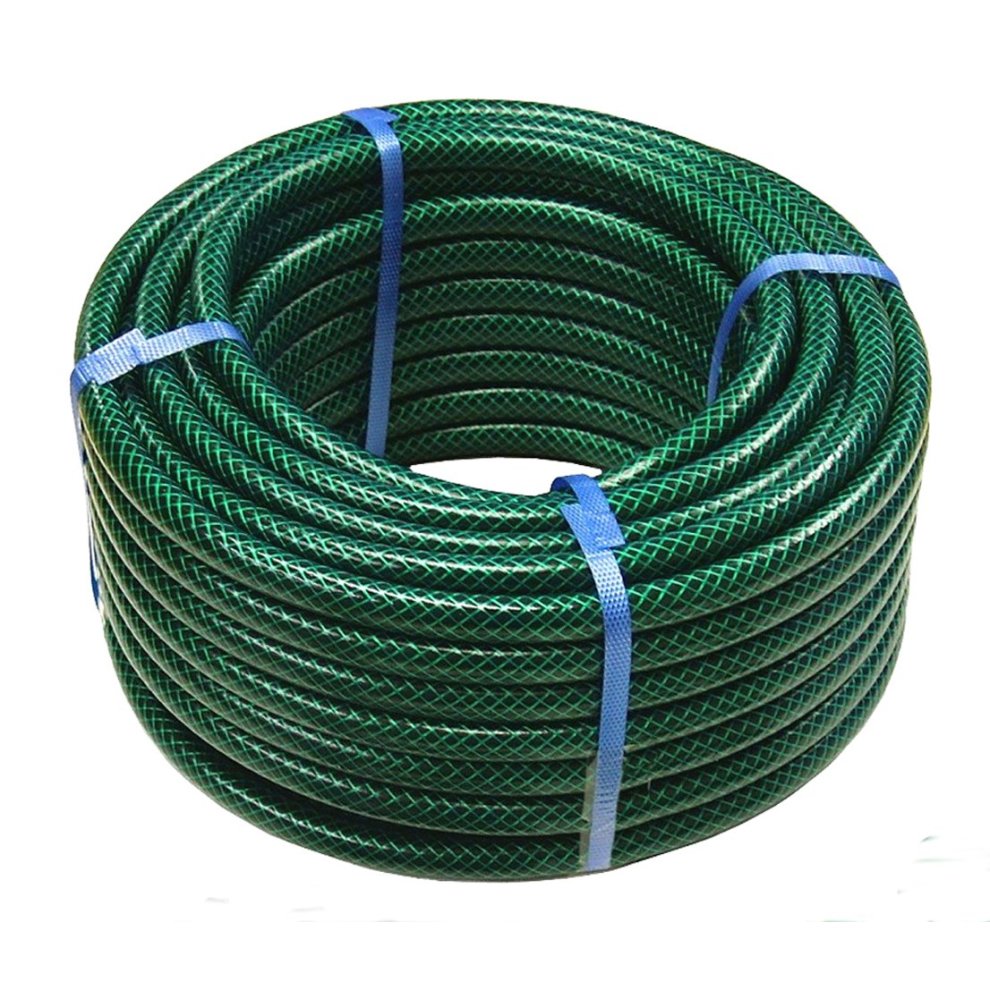 Green PVC reinforced hose coiled neatly, measuring 30m in length and 12.5mm in diameter, secured with blue straps for easy handling.