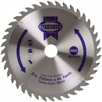 Circular saw blade with 40 teeth, silver finish, blue Faithfull logo, 230mm diameter, 30mm center bore.