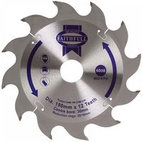 Circular saw blade, silver with 12 teeth, 190mm diameter, 30mm bore, Faithfull branding in blue and purple.