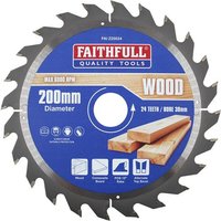Circular saw blade with 24 teeth, 200mm diameter, blue center label, and Faithfull branding.